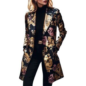 Autumn Floral Satin Evening Jacket Plus Size 5XL Black Duster Party Formal NWOT